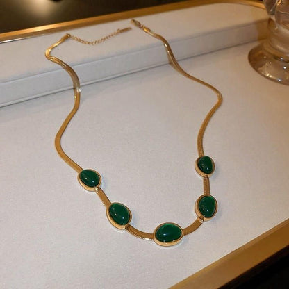 Oval Green Crystal Pendant Necklace Set with Bracelet
